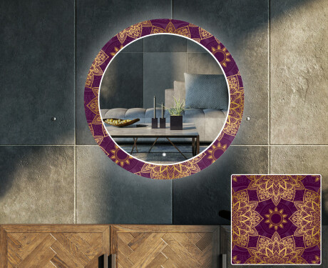 Kulaté Dekorativní zrcadlo s LED osvětlením do obývacího pokoje - Gold Mandala #1