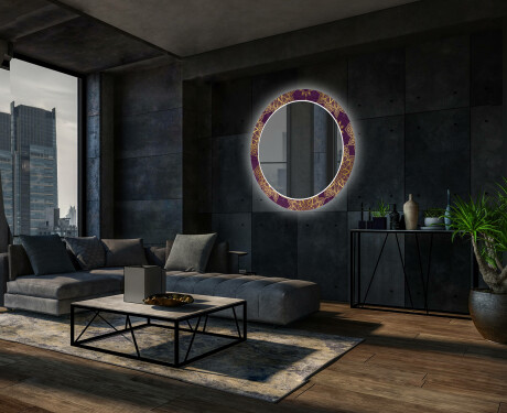 Kulaté Dekorativní zrcadlo s LED osvětlením do obývacího pokoje - Gold Mandala #12