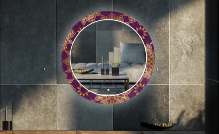 Kulaté Dekorativní zrcadlo s LED osvětlením do obývacího pokoje - Gold Mandala