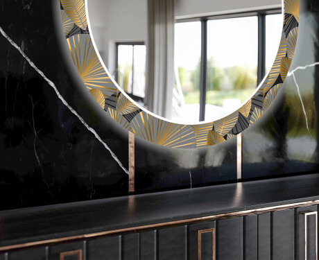 Kulaté Dekorativní zrcadlo s LED osvětlením do jídelny - Golden Leaves #11