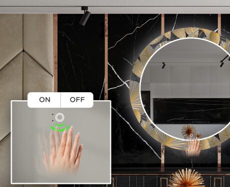 Kulaté Dekorativní zrcadlo s LED osvětlením do jídelny - Golden Leaves #5