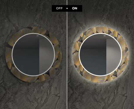 Kulaté Dekorativní zrcadlo s LED osvětlením do jídelny - Golden Leaves #7